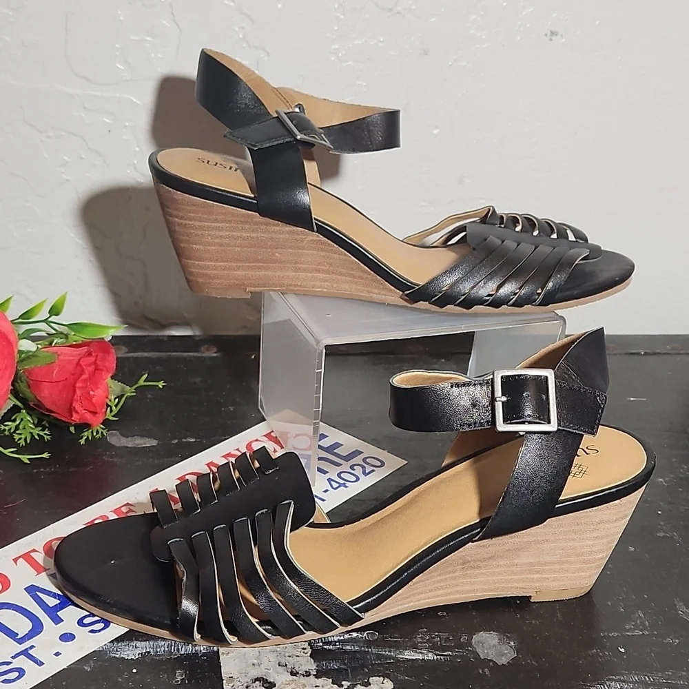 SUSINA Black Woven Strap Sandal Wedge 7M
